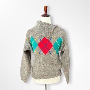 VTG 80s 90s GAP Grey Argyle Turtleneck Wool Blend Sweater, Womens M